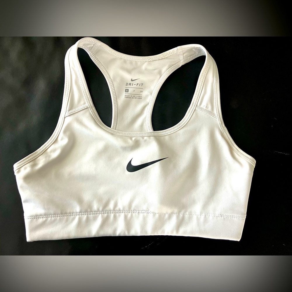 Women’s white CLASSIC Nike sports bra BLACK logo mid-FULL support size: SMALL